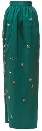Crystal Embellished Silk Faille Maxi Skirt - Womens - Dark Green