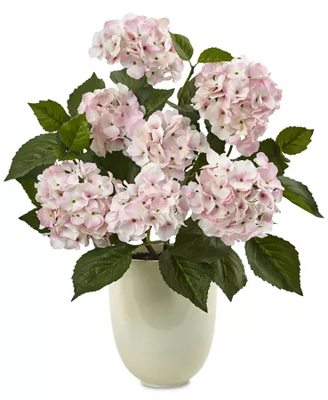 Nearly Natural Pink Hydrangea Artificial Arrangement with White Planter