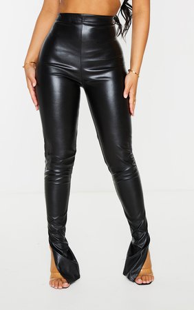 Petite Black Faux Leather Split Hem Leggings | PrettyLittleThing USA