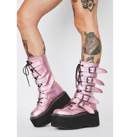 Demonia Pink Holographic Buckle Strap Platform Lace-Up Boots | Dolls Kill
