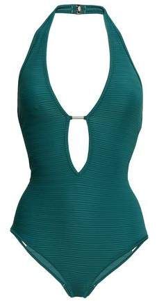 Disposition Plunged Ribbed Halterneck Swimsuit