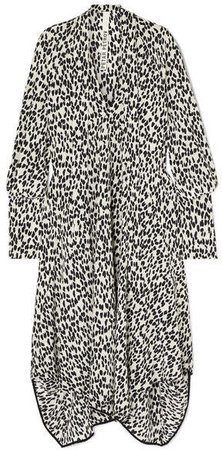 Tie-neck Asymmetric Leopard-print Silk Crepe De Chine Midi Dress - Black