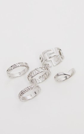 Silver Roman Multi Shape Five Set Ring Pack      | PrettyLittleThing USA