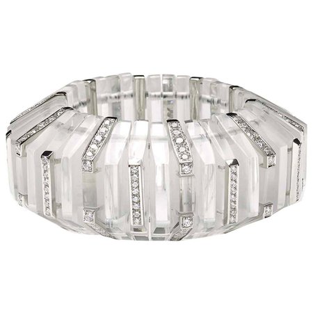 Rock Crystal Diamond Platinum Cuff Bangle Bracelet