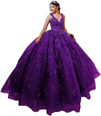 ZVOCY Woman's V-Neck Quinceanera Dresses Ball Gown Sparkly Tulle 3D Flower Applique Sweet 15 16 Dresses Prom Party Dresses at Amazon Women’s Clothing store