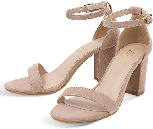 Amazon.com | ElElax Women's Nude Heels, Single Band Classic Chunky Block High Heel Sandals with Ankle Strap | Heeled Sandals