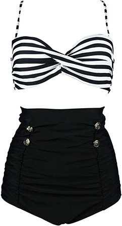COCOSHIP Black & White Stripe High Waisted Bikini Buttons Vintage Bathing Suit Ruched Swimwear