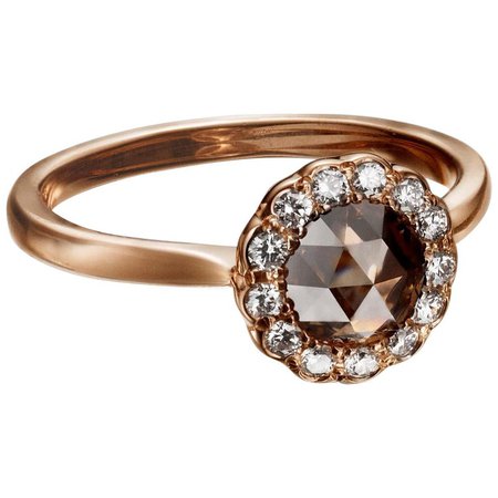 0.95 Carat Fancy Brown Rose Cut Diamond Halo Ring in 18 Karat Rose Gold