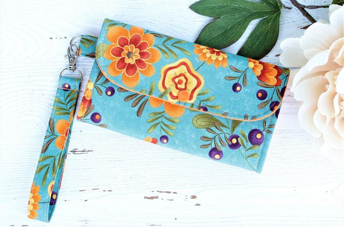 Fall Orange and Deep Teal Floral Wristlet Womens Wallet | Etsy