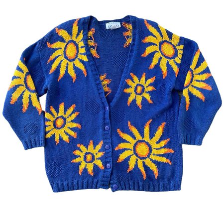 Vintage 90s Sunflower Cardigan Hand knitted... - Depop