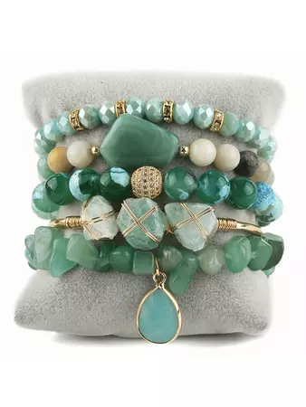 Fashion Bohemian Stacking Bracelet Set For Women, 5pcs Natural Stone Crystal & Glass Mixed Stone Beaded Bracelet | SHEIN