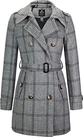 Amazon.com: Wantdo Women's Mid-Long Slim Shaping Double Breasted Pea Coat with Belt Plaid L : Clothing, Shoes & Jewelry