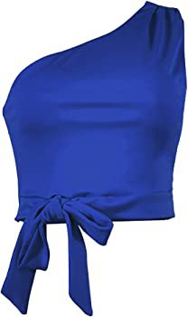 WEEPINLEE Women's Sexy One Shoulder Sleeveless Bowknot Shirts Crop Tops (Royal Blue, S) at Amazon Women’s Clothing store