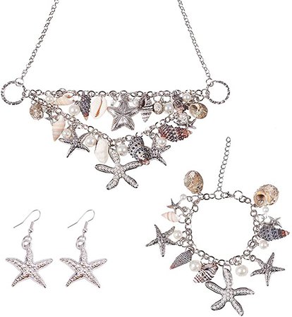 Amazon.com: PH PandaHall 3 in 1 Fashion Sea Shell Starfish Faux Pearl Collar Bib Statement Chunky Necklace Bracelet and Earrings Set in Gift Box (Platinum): Jewelry
