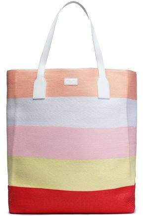 Leather-trimmed Striped Woven Tote