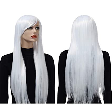 Amazon.com : Wigood 32" Cosplay White Wig Long Straight Wig Halloween Costumes with Bangs Anime Costume Party Wigs with Free Wig Cap for Women(White) : Beauty