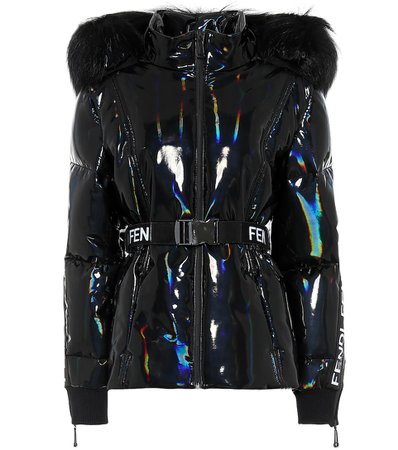 Fendi Holographic fur-trimmed down jacket