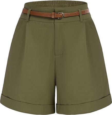 Ladies Bermuda Shorts Elastic Waist Wide Leg Shorts with Pockets & Belts (Army Green, M) at Amazon Women’s Clothing store