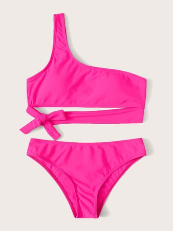 Neon Pink Tie Front One Shoulder Bikini Swimsuit | SHEIN USA