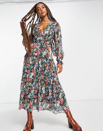 Topshop Woven Long Sleeve Ruffle Midi Dress in Multi Floral | ASOS