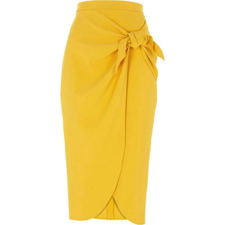 Mustard yellow tie front pencil skirt