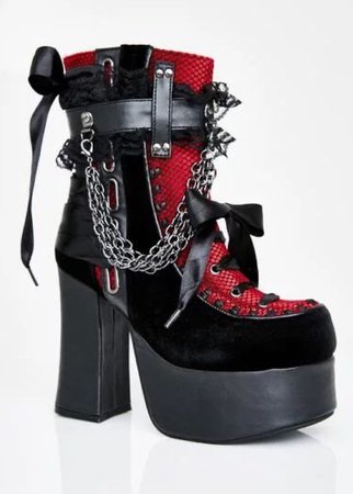 Black and red chain bow high heel boots