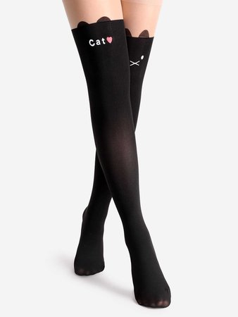 Black Cat Pattern Over The Knee Sheer SocksFor Women-romwe