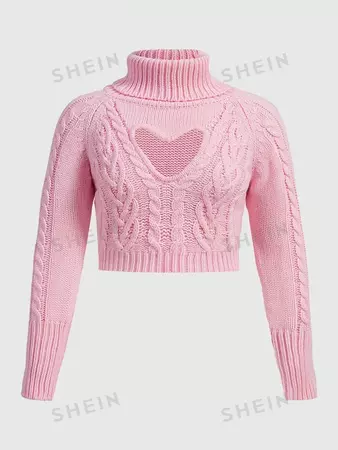 Kawaii Plus Size Solid Color High Neck Love Heart Hollow Out Sweater