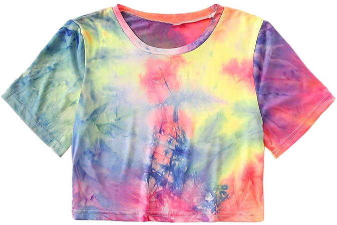 SweatyRocks Women's Tie Dye Print Summer Round Neck Short Sleeve Crop T-Shirt Top (X-Small, Tie Dye Yellow) at Amazon Women’s Clothing store