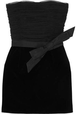 Strapless Bow-detailed Ruched Organza And Velvet Mini Dress - Black