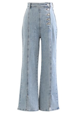 Side Buttons Flare Leg Slit Jeans in Light Blue - Retro, Indie and Unique Fashion