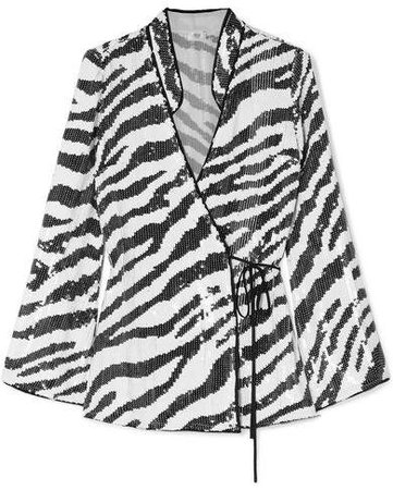 RIXO London - Blossom Tiger-print Sequined Tulle Wrap Blouse - Zebra print