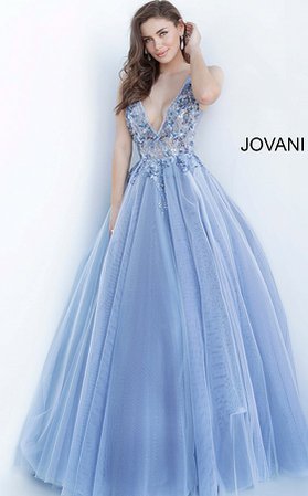 Jovani 3110 | Blue Floral Applique Prom Ballgown