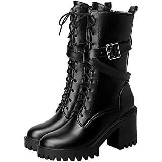 Amazon.com | Susanny High Heel Boots for Women,Womens Platform Boot Heels Sexy Round Toe Lace UP High Heels Mid Calf Boots | Ankle & Bootie