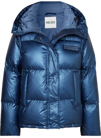 Hooded Metallic Quilted Shell Down Jacket - Navy