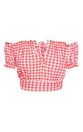 Red Gingham Printed Bardot Tie Front Crop Top | PrettyLittleThing