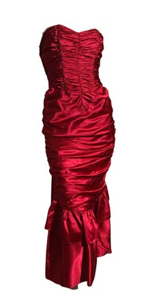 Sultry Red Ruched Satin Strapless Saloon Girl Dress circa 1980s Gunne – Dorothea's Closet Vintage