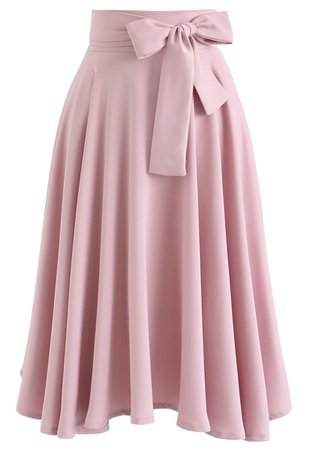 Flare Hem Bowknot Waist Midi Skirt in Pink - Retro, Indie and Unique Fashion