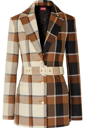 STAUD | Pepper faux pearl-embellished belted checked wool-blend blazer | NET-A-PORTER.COM