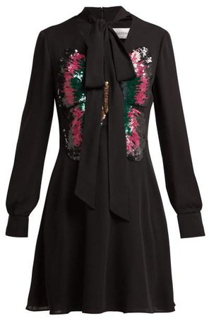 Sequinned Butterfly Silk Dress - Womens - Black Multi
