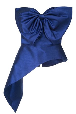 blue satin strapless bow crop top