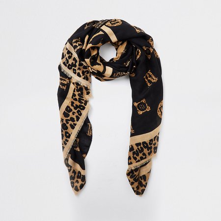 Brown leopard print monogram scarf | River Island
