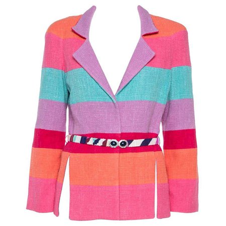 Chanel Multicolor Stripe Cotton Tweed Belted Blazer L For Sale at 1stDibs