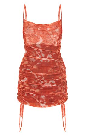 Orange Tie Dye Print Ruched Tie Hem Dress | PrettyLittleThing USA
