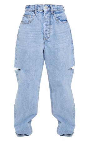 Light Blue Wash Thigh Split Baggy Boyfriend Jeans | PrettyLittleThing USA