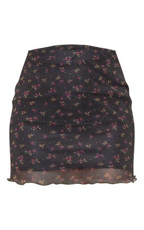 Black Ditsy Floral Print Mesh Lettuce Hem Mini Skirt | PrettyLittleThing USA