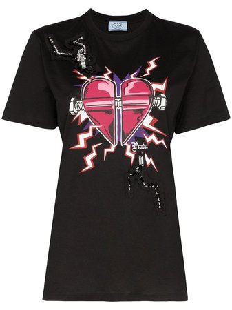 Black Prada Embellished Heart Print T-shirt | Farfetch.com