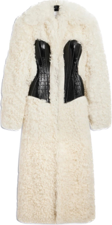 white fur coat with black corset
