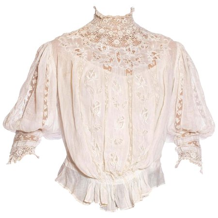 Edwardian Off White Haute Couture Organic Cotton Voile Blouse With Exceptional For Sale at 1stDibs | blouse haute couture, haute couture blouses