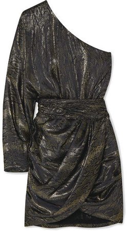 One-sleeve Draped Metallic Silk-blend Jacquard Mini Dress - Silver